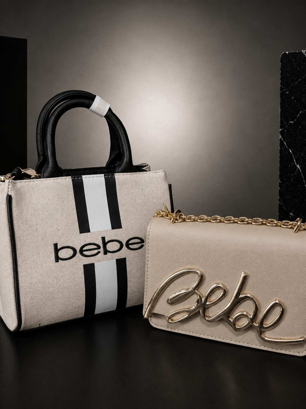 bebe Beige Canvas Tote and Chain Shoulder Bag Set